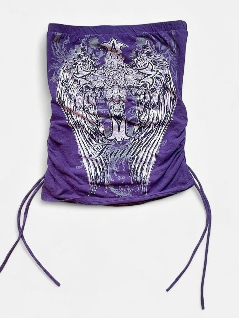 Y2K purple tube top with silver graphic of a cross with wings Faith